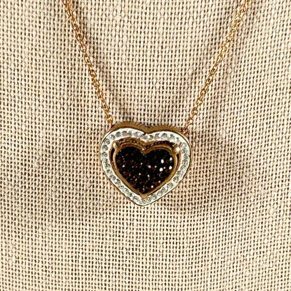 HEART SHAPED COPPER NECKLACE W/36 RHINESTONES & RED FAUX GARNETS ON COPPER CHAIN - Picture 2 of 4